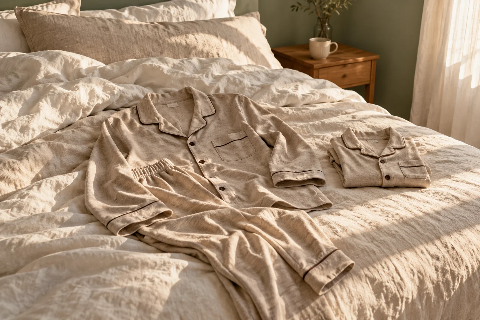 Oat pajamas on a softly lit linen bed
