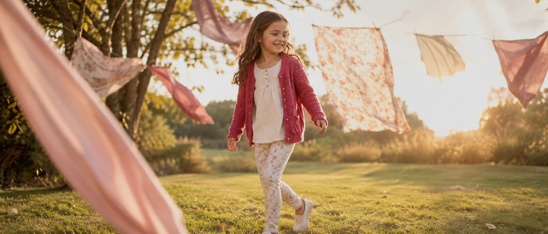 Girl in cozy TiggleFuzz-inspired girlswear moving through a bright outdoor moment